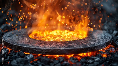 Close-up of glowing molten metal in a blacksmith's forge