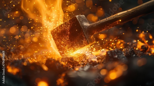 Stunning image of a blacksmith's hammer striking hot metal, sparks flying in a dark workshop photo