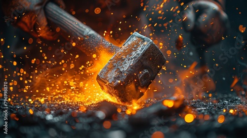 Stunning image of a blacksmith's hammer striking hot metal, sparks flying in a dark workshop photo