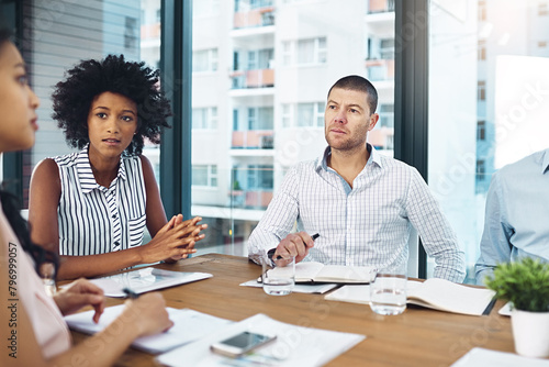 Business people, boardroom and talk on deal for company growth, teamwork and problem solving. Employees, speaking and office for collaboration at global business, diversity and meeting for project