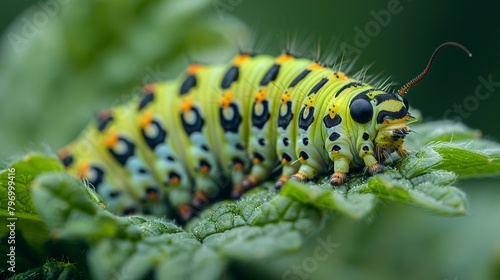 Vibrant caterpillar on green leaf close-up © Denys