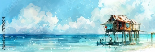A beach hut on stilts overlooks the ocean, its curtains fluttering in the salty breeze, kawaii water color photo