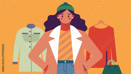 A person wearing a mix of thrifted and new clothes proudly showing off how easy it is to create a sustainable and stylish wardrobe.