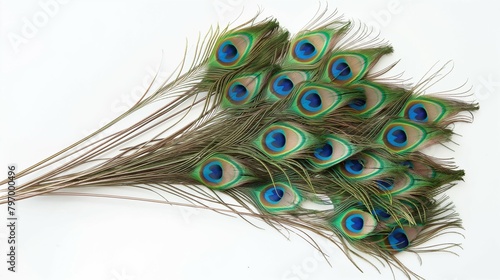 Bunch of peacock feathers on white background