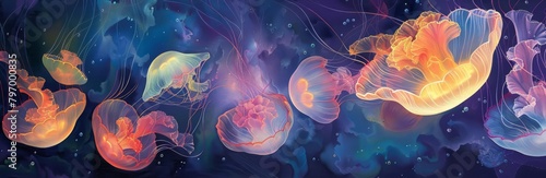 A group of jellyfish drifts gracefully, their translucent bodies glowing with an ethereal light, bright water color