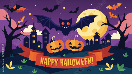 Prepare for a night of mysterious delights on Halloween as bats gather for a festive party amidst pumpkins, with the full moon shining above. Halloween banner illustration.
