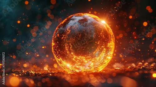 Fiery embers in a glowing crystal sphere on a dark, textured surface