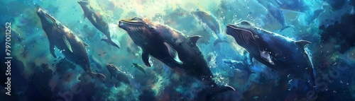 A pod of whales sings hauntingly beautiful songs, communicating in echoes through deep waters, kawaii water color photo