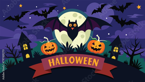 Step into the ghostly Halloween night where bats flutter into a party among pumpkins, with the full moon casting an eerie glow. Halloween banner illustration.
