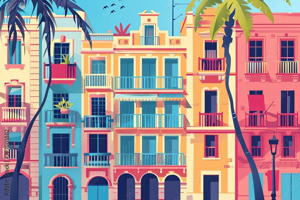 Naklejka premium Valencia, Spain, architecture travel postcard. Colorful buildings flat illustration. 