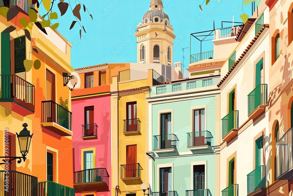 Valencia, Spain, architecture travel  postcard. Colorful buildings flat illustration. 