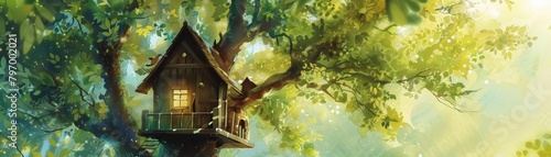 A tiny treehouse peeks out from the leaves, a secret haven for adventures, bright water color