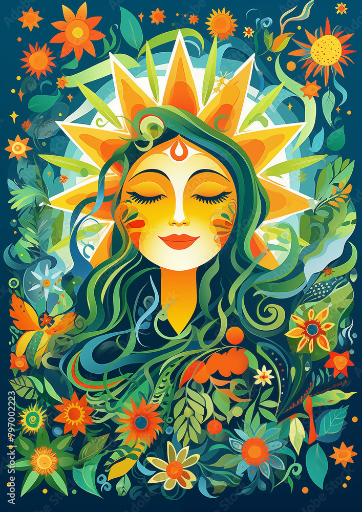 Folk art style illustration depicting a serene Sun Goddess surrounded by colorful floral designs.