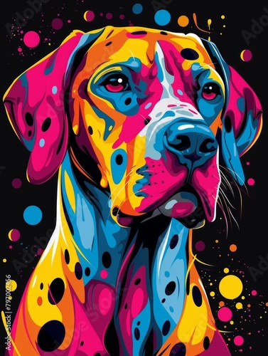 Colorful Pop Art Portrait of a Great Dane Against Black Background.