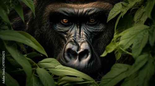 Intimate portrait of a gorilla's gaze surrounded by lush green foliage © Yusif