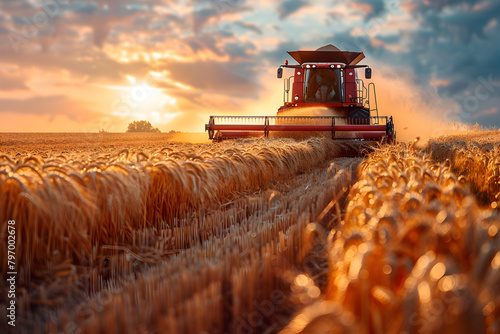 A tractor combine harvester working in a cereal agriculture field, showcasing efficient crop harvest technology.