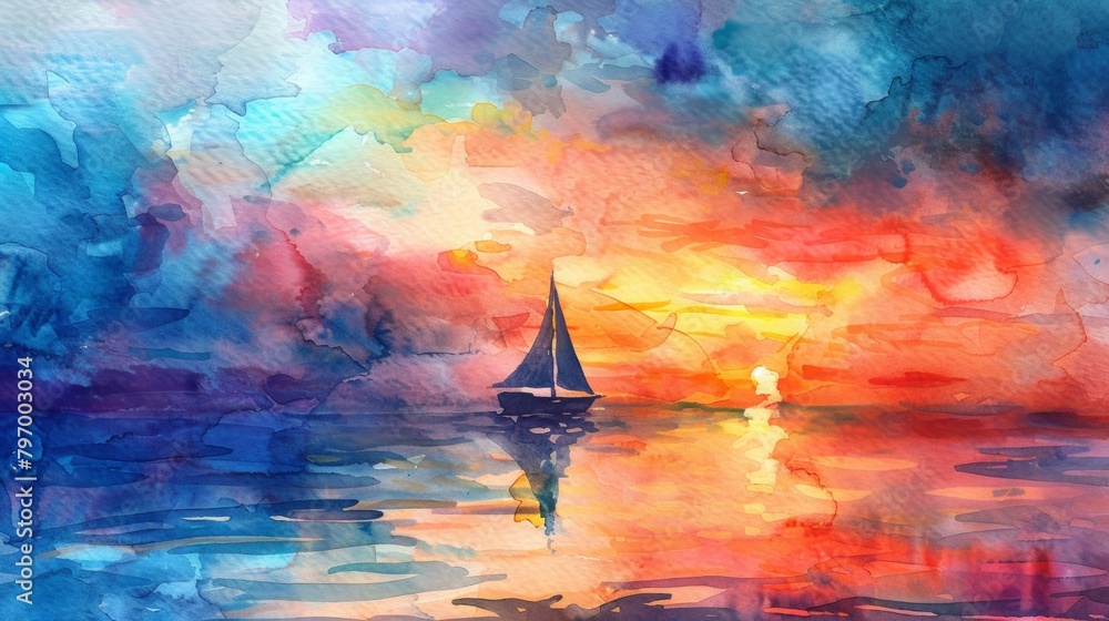 Sailing ship in sea water at sunset.