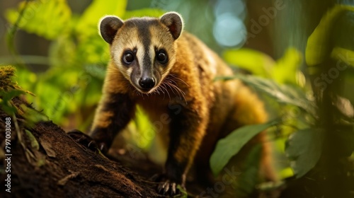 Close-up of a coati exploring the lush jungle undergrowth in natural sunlight photo