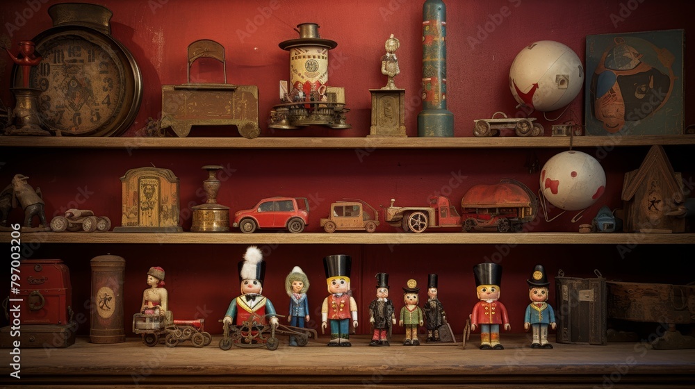 Vintage toy collection on wooden shelves against a dark backdrop