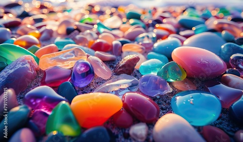 Colored sea glass with beach pebbles and shells in the mediterranean coast and in the background sea and waves with sunset and sky. AI generated illustration photo