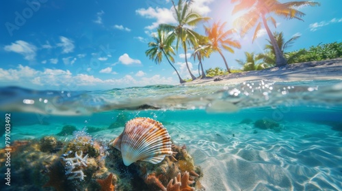 Small island with palm tree above and sea shell beneath underwater in sea.