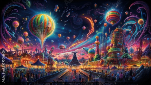 Vibrant fantasy carnival with hot air balloons and whimsical towers under a starry night sky photo