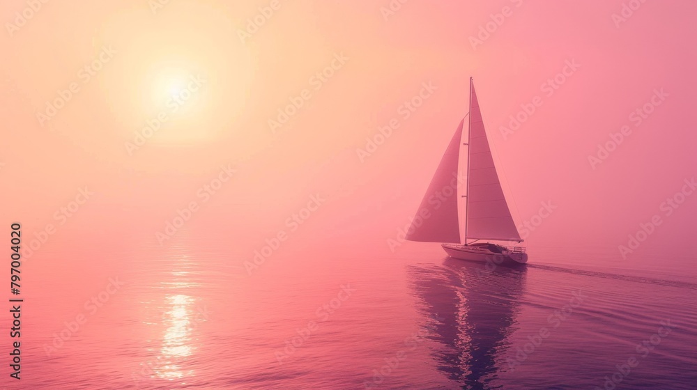 Sailing ship in sea water in heavy fog at sunset.