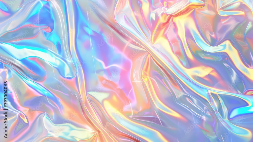 Fototapeta premium Seamless trendy iridescent rainbow foil texture. Soft holographic pastel unicorn marble background pattern. Modern pearlescent blurry abstract swirl illustration. Digital art. 3D rendering.