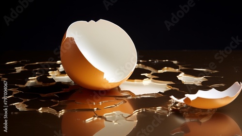 Cracked eggshell with shiny yolk on reflective dark surface, concept of fragility and freshness