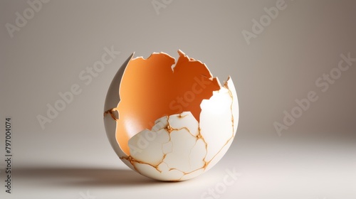 Cracked eggshell with shiny yolk on reflective dark surface, concept of fragility and freshness