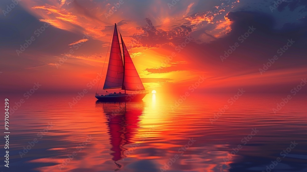 Fototapeta premium Sailing ship in sea water at sunset.