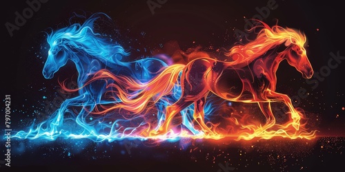 A couple of horses running through a field of fire.
