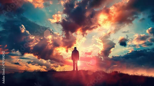 Silhouette of alone person looking at heaven. Lonely man standing in fantasy landscape with shining cloudy sky. Meditation and spiritual life