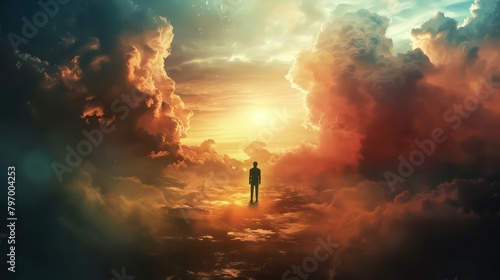Silhouette of alone person looking at heaven. Lonely man standing in fantasy landscape with shining cloudy sky. Meditation and spiritual life