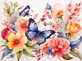 Colorful watercolor pattern with butterfly and summer flowers