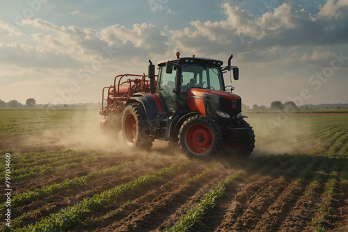 Watering, treating fields with crops with Pesticides and Herbicides on a tractor. Agricultural industry