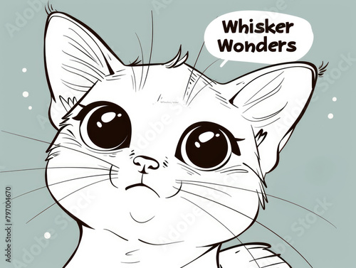 A white cat with big eyes and a speech bubble.