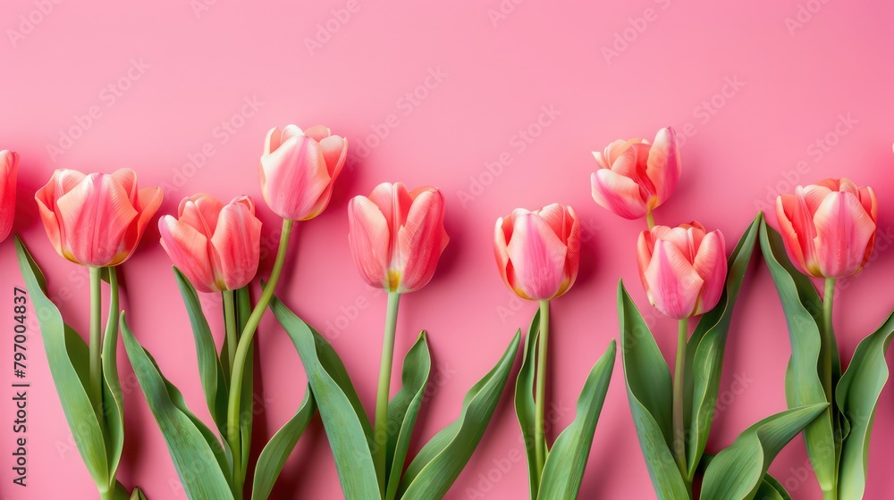 Obraz premium Spring tulip flowers on pink background top view in flat lay style. Greeting for Womens or Mothers Day or Spring Sale Banner