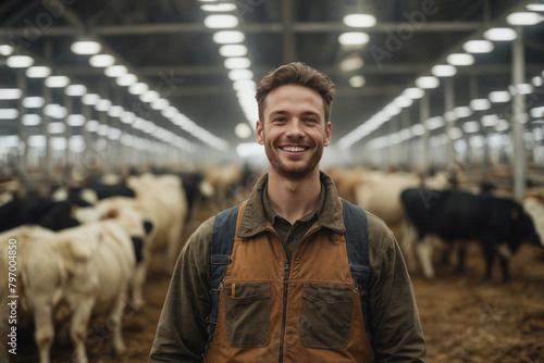 A worker in overalls in the foreground. Smiling.A modern cow farm. photo