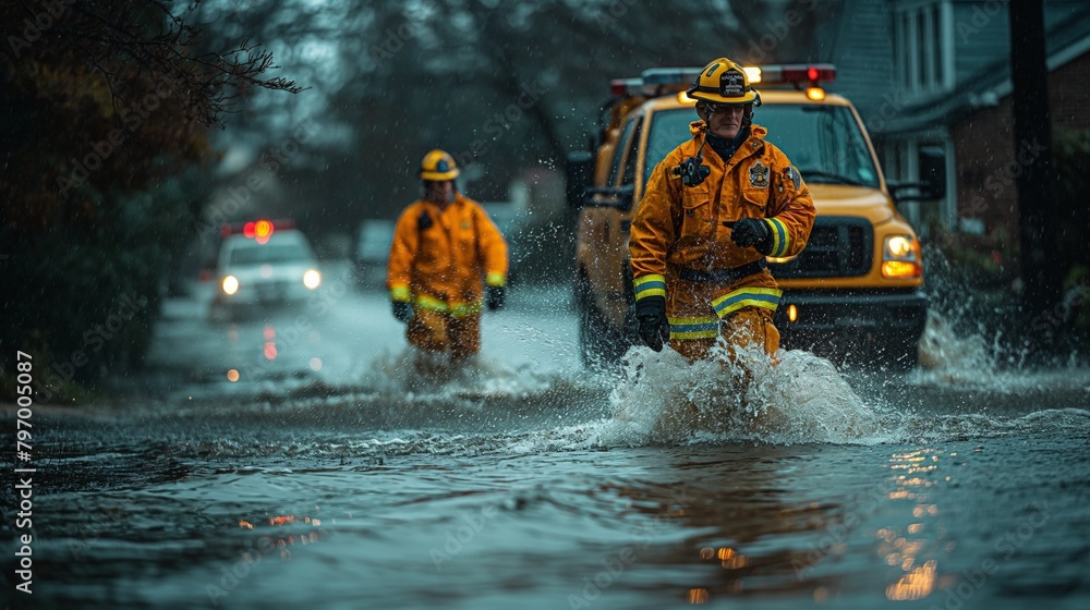 Brave Firefighters Responding to Flood Emergency