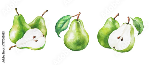 Pear, green pears, fruit, hand painted watercolor illustration , transparent background, dessert, sweet food, fresh 