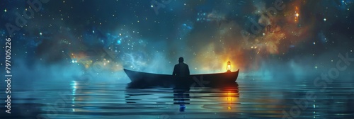 A lonely boat in water in lake with starring night sky.