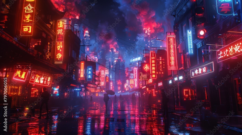 Futuristic city ablaze with neon lights and fiery skies in an immersive cyberpunk landscape