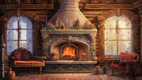 Cozy traditional Russian cabin interior with a warmly lit fireplace and intricate wooden designs