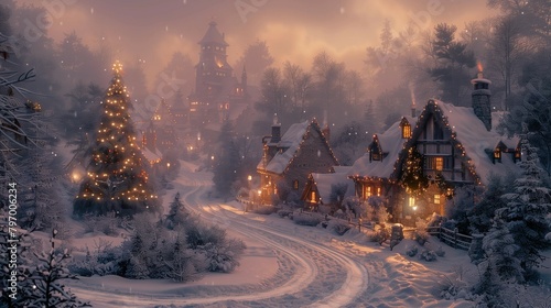 Cozy Christmas Scene at Dusk, generative ai © Matus