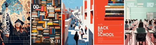 University and education. Vector illustration of graduation at school, pattern from books of textbooks, school street and lesson of students in the classroom for background and poster	
