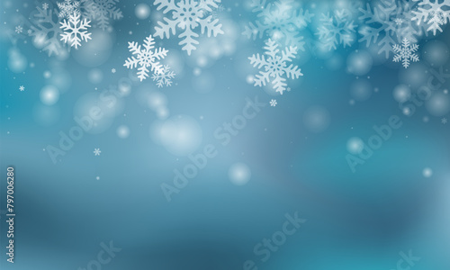 Subtle flying snowflakes pattern. Snowfall fleck freeze granules. Snowfall weather white teal blue design. Flat snowflakes january texture. Snow nature landscape.