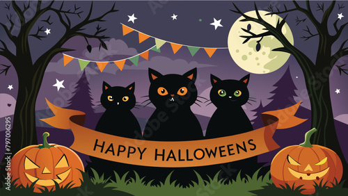 Embrace the enchanting Halloween night, where black cats frolic amidst the festivities with pumpkins, bats, and the full moon illuminating the scene. Haunting banner illustration.
