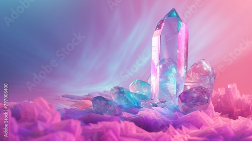 A shimmering turquoise aura captured around a clear quartz crystal, set against a vibrant magenta backdrop photo