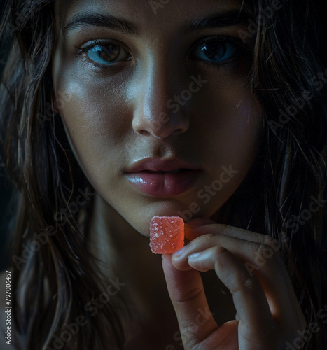 a woman holding a small sugar coated gummy cube, blank background photo